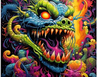 Psychedelic Dragon Poster - Vibrant Trippy Retro Wall Art with Groovy 70s Aesthetics
