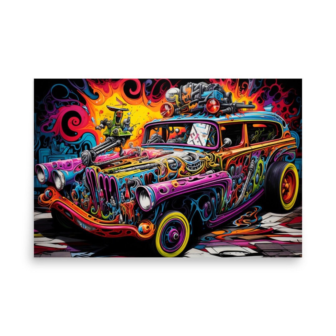 Psychedelic Retro Car Blacklight Art Poster, Vibrant Neon Colors