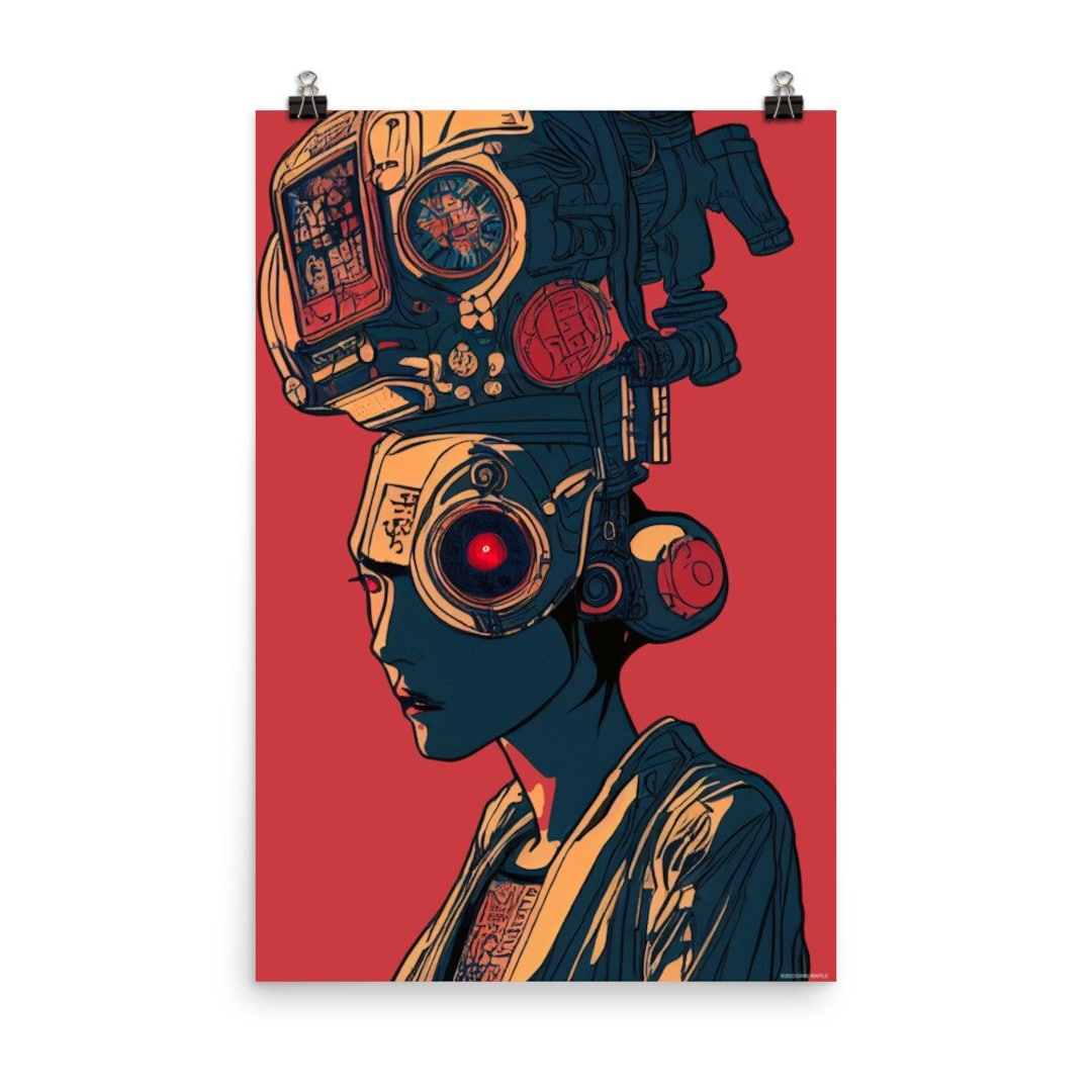 Cyberpunk Visionary Futuristic Android Wall Art Print in Vintage