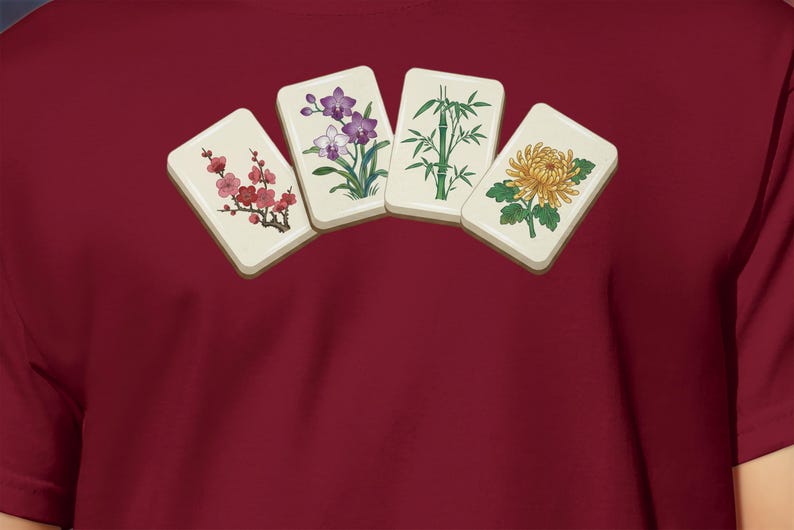 Mahjong Flower Tiles T-shirt, Chinese Mahjong Shirt, Four Flowers Print Tee, Unique Mahjong Gift, Casual Mahjong Lover Top