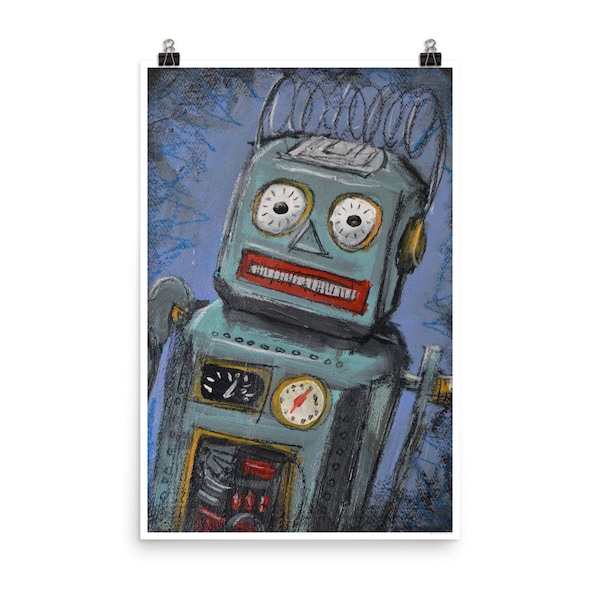 Tin Toy Robot Poster Art Print, Awkward Tin Toy Robot