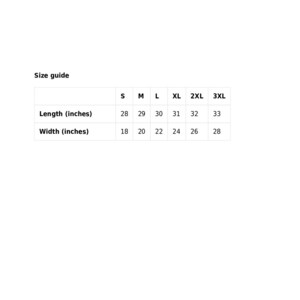 May include: Size guide for clothing with measurements in inches. The table shows sizes S through 3XL with corresponding length and width measurements.
