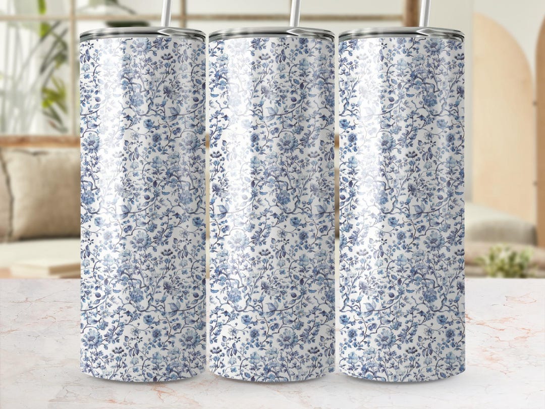 Blue Floral Tumbler Wrap - Watercolor Design for 20 Oz Skinny Tumblers ...