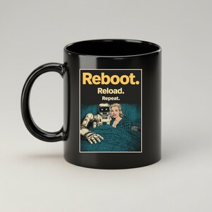 May include: Black ceramic mug with the text "Reboot. Reload. Repeat." and a retro illustration of a robot and a woman. The mug has a large handle and a glossy finish.