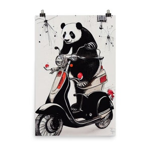 Cute Panda Vespa Scooter Poster, Panda on a vespa poster, panda on a scooter, cute panda poster, funny panda