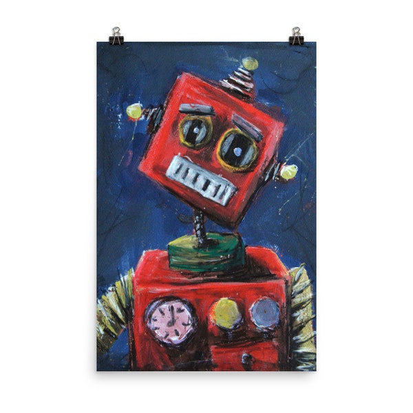 Tin Toy Robot Poster Art Print, Sad Toy Robot, Tin Robot, Vintage Robot Art