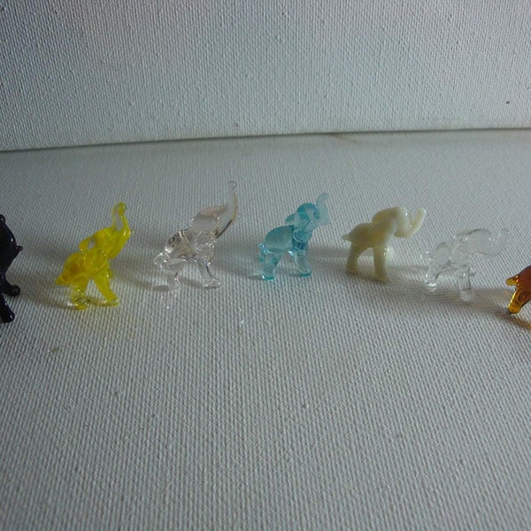 Set of Seven Blown Glass Elephant Figurine Set 0.5" h