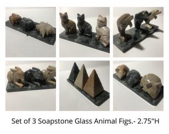 Set of Three Soapstone Hand Carved Animal Figurines 2.75"H
