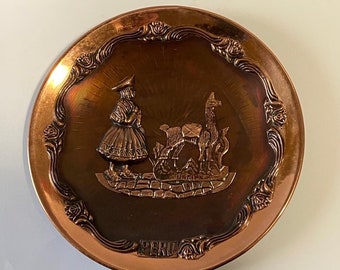 Peru Light Weight Copper Plated Decorative Plate Plaque with Shepherds and Llama Motif