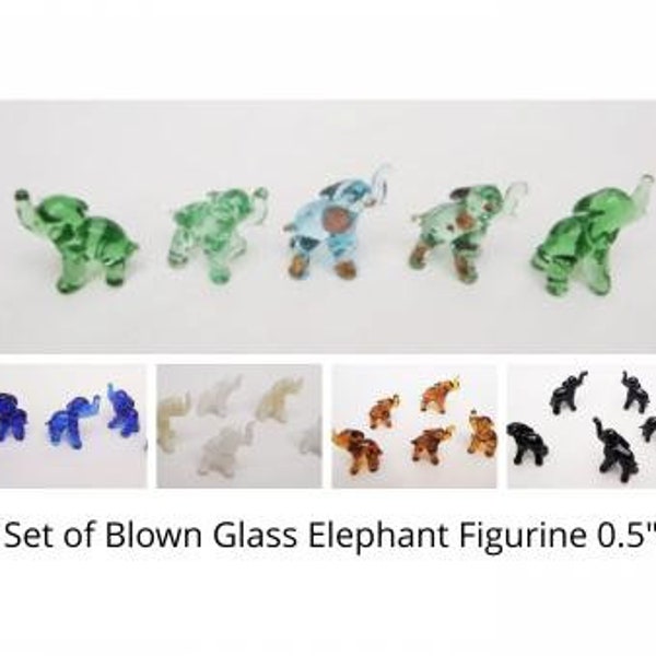 Set of Five Blown Glass Elephant Figurine Set 0.5"h