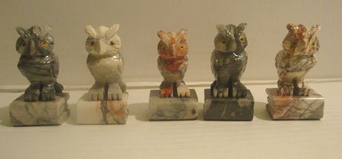 Set of Five Soapstone Owl Figurine Set 2.25"h