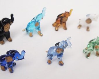 Set of Seven Blown Glass Elephant Figurine Set 0.5&quot; h