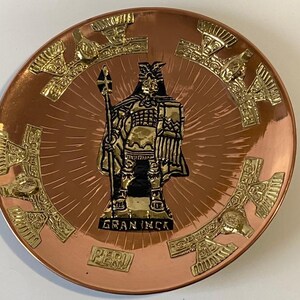 Peru Light Weight Copper Plated Decorative Plate Plaque With Incan Warrior Motif