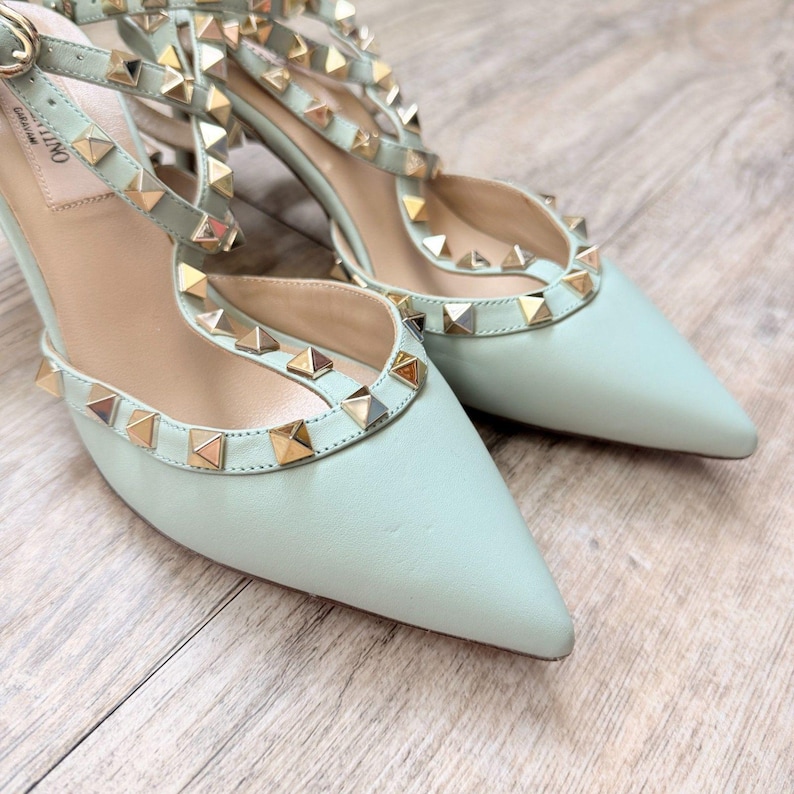 Valentino Garavani Rockstud Mint Leather Cage Flats Dames, EU 37, Italië afbeelding 4