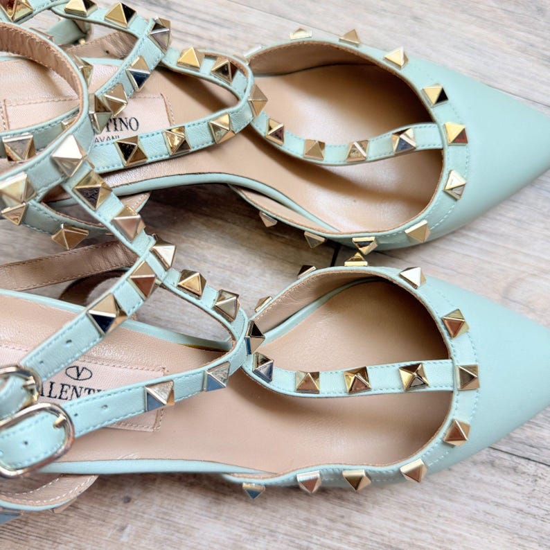 Valentino Garavani Rockstud Mint Leather Cage Flats Dames, EU 37, Italië afbeelding 3