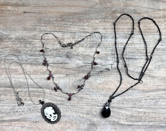 Whimsygoth Goth Necklace Bundle Cameo Black Beaded Red Charm Vintage Set