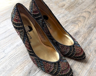Santa Barbara Beaded Heels Size 7.5 Unique Statement Shoes Art Nouveau Vintage
