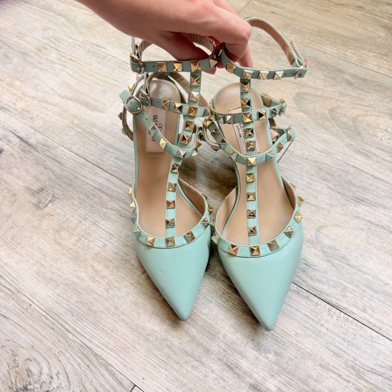 Valentino Garavani Rockstud Mint Leather Cage Flats Dames, EU 37, Italië afbeelding 13