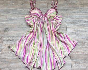 Vintage Y2K Stripe Babydoll Lingerie Dress Split Front Pink Green Medium