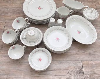 Juego de vajilla de porcelana fina Vintage Royal Swirl • Servicio para 6 personas • Hecho en Japón • Juego de platos con diseño floral • Juego completo de vajilla