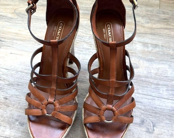 COACH Corina Leather Espadrille Wedge Sandals Chestnut Size 8.5 Vintage Y2K