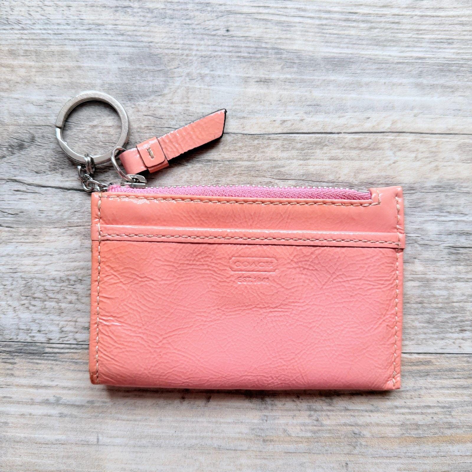 Coach Wallet Patent Leather Skinny Card Case Zip Keychain Coral