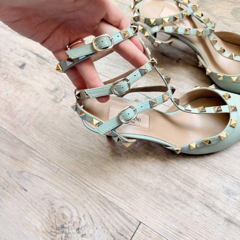 Valentino Garavani Rockstud Mint Leather Cage Flats Dames, EU 37, Italië afbeelding 6