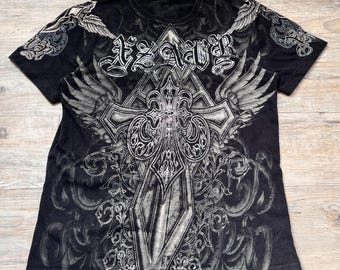 XZAVIER Y2K Graphic T-shirt Gothic Cross Wings Grunge Shirt Zwart Heren Maat Small