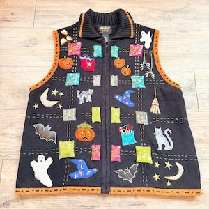 Vintage Studio Boo Halloween Sweater Vest Large Ghost Cat Witch Pumpkin Bat 90s