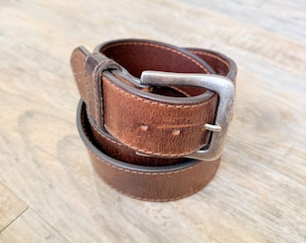 Vintage Genuine Leather Belt Brown Thick Sturdy Silver Buckle Size 40 Rugged