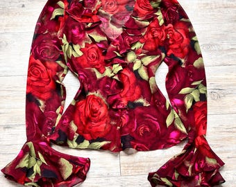 キャッシュ シアー ローズ ブラウス ラッフル ベルスリーブ ロマンティック ゴス Y2K トップ ヴィンテージ XS シルク