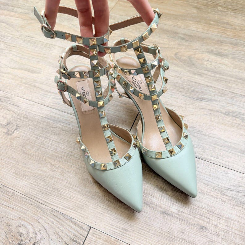 Valentino Garavani Rockstud Mint Leather Cage Flats Dames, EU 37, Italië afbeelding 10