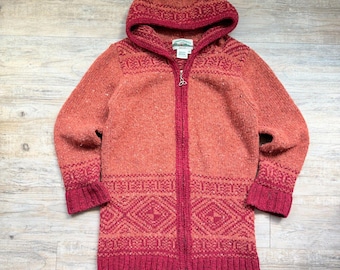 Aran Crafts Ireland 100% Wool Long Zip Hoodie Medium Intarsia Knit Rust