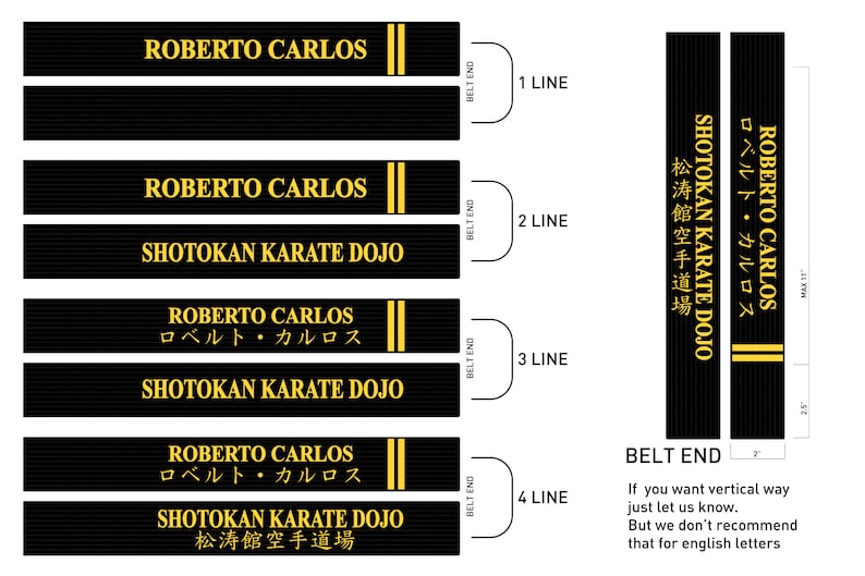 May include: A black and gold karate belt with the text "ROBERTO CARLOS" and "SHOTOKAN KARATE DOJO" in yellow. The belt is shown in four different configurations, with the text arranged in one, two, three, and four lines. The text "BELT END" is also shown in the image.