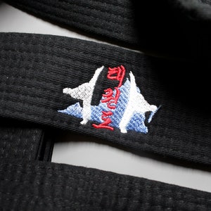 May include: Black martial arts belt with a red and white embroidered logo that says "Taekwondo" in Korean.