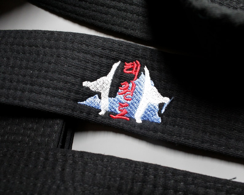 May include: Black martial arts belt with a red and white embroidered logo that says "Taekwondo" in Korean.