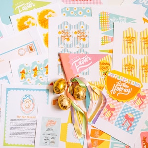 May include: A set of printable Easter party decorations featuring bunny rabbits, eggs, and the phrase "Happy Easter". The set includes banners, tags, and other printable elements.