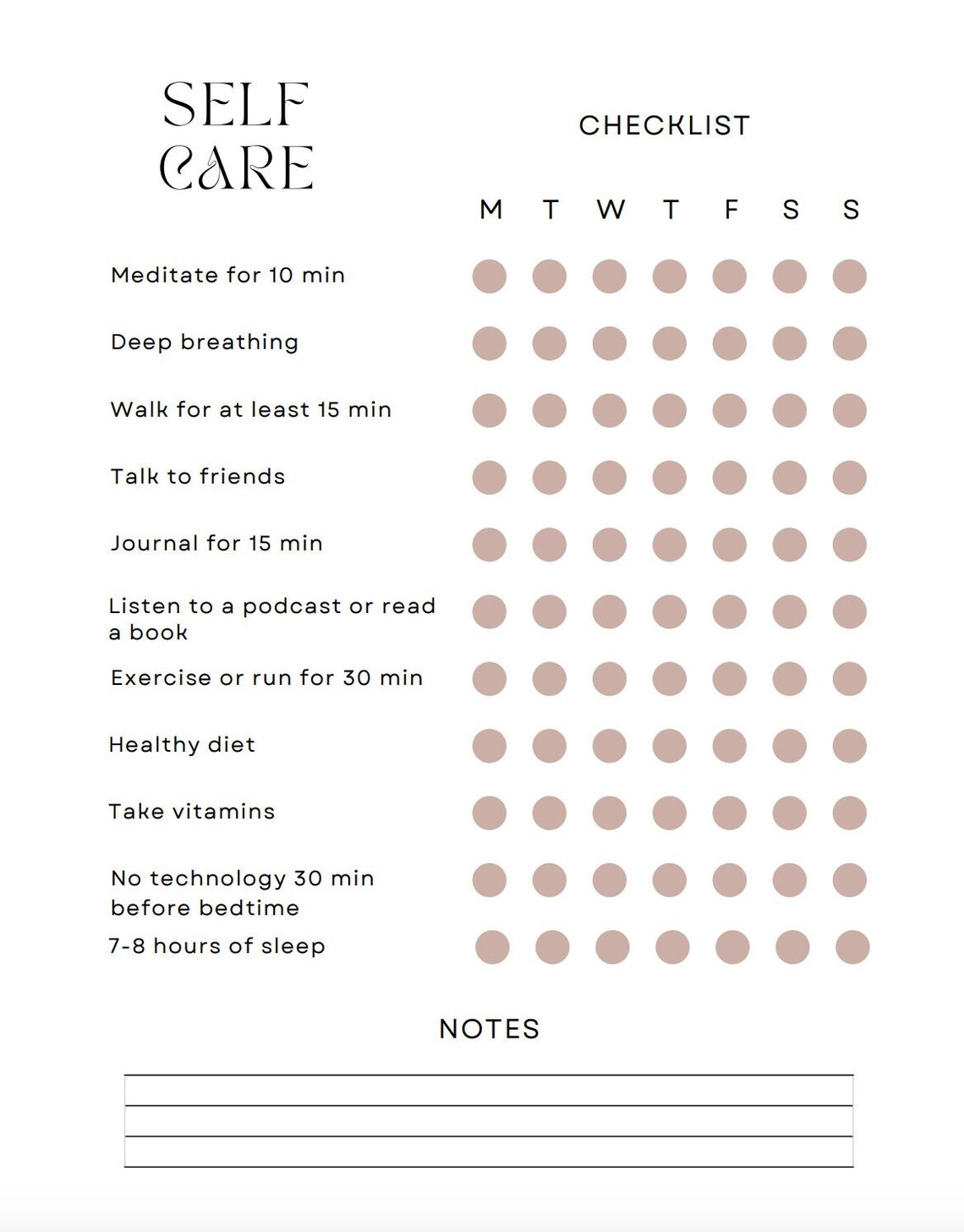 5 Color Options - Self Care Checklist, Printable Digital PDF Wellness ...