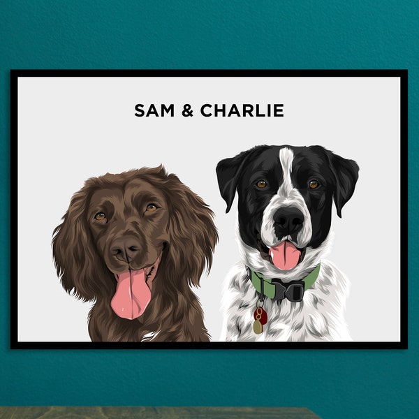 Tierportrait | Benutzerdefinierte zwei Haustier Porträt Druck | Personalisiertes Geschenk Hundeportrait | Haustier-Denkmal