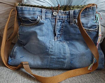 Upcycled Jean Bag, Boho Handbag, Medium Crossbody, Bohemian Purse, Young Gals Bag, Funky Handbag, Casual ladies Purse