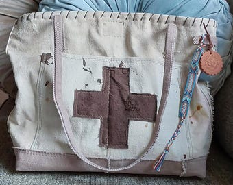 Upcycled Canvas Bag, Boho Handbag, Large Ladies Tote, Bohemian Purse, Medical Cross Bag, Young Gals Bag, Funky Handbag, Rustic and Worn Bag