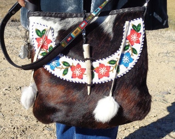 Southwest Purse, Hair on Hide Bag, Beaded Handbag, Western Purse, Cowgirl Chic, Native American Art, Beaded Indian Collar