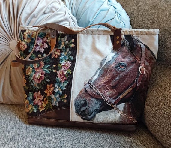 Horsehead Purse, Western Handbag, Large Western Bag, Horse Needlepoint, Horse Tapestry Purse, Southwest Boho Bag