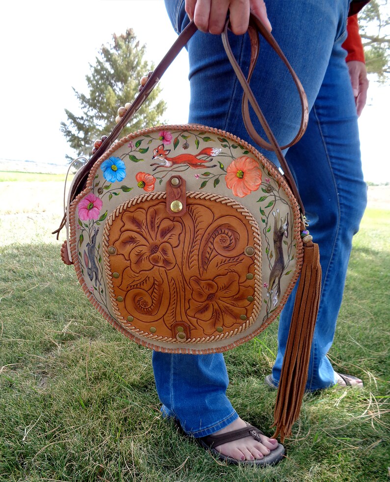 Western Leather Handbag / Round Tooled Leather Purse / Hand Etsy