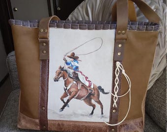 Western Handbag, Southwestern Purse, Rodeo Cowgirl Bag, Painted Roper Gal, Hand Painted Bag, Cowgirl Style Bag, Western Work Tote, Rustic