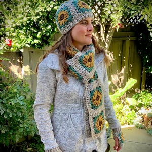 Crochet Sunflower Granny Square Hat, Scarf & Fingerless Gloves Set