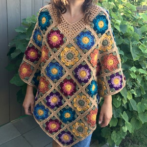 One sized poncho/S-XL colorful crochet floral granny square earthy woodsy, casual, country western, dressy, 3/4 sleeve, colorful spring/fall