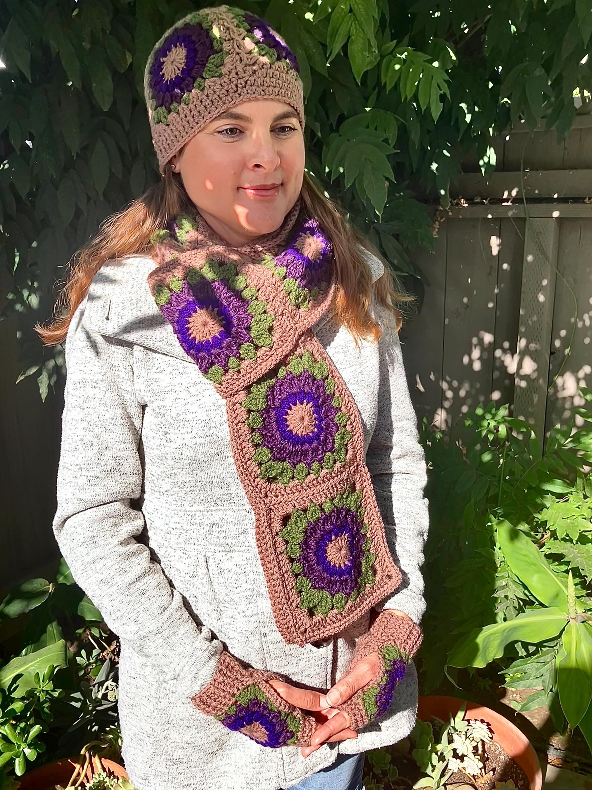 Unique elegant one of a kind crochet hat & scarf set o/s plum very soft and warm Plum Floral Hat, Scarf Fingerless Gloves Set Crocheted  main image 2