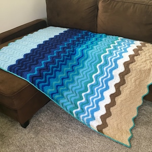 MADE TO ORDER Coastal paradise, crocheted, summer throw blanket. Blue, tan, 44x59 in, elegant ocean decor, nautical theme, beach landscape