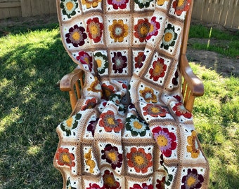 CUSTOM MADE  Handmade autumn crocheted floral afghan, shades of brown, beige, olive green, claret, burgundy, pumpkin spice, gold, off white